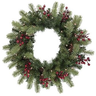 Northlight Pre-Lit Noble Fir with Red Berries & Pine Cones Artificial Christmas Wreath with Clear Lights