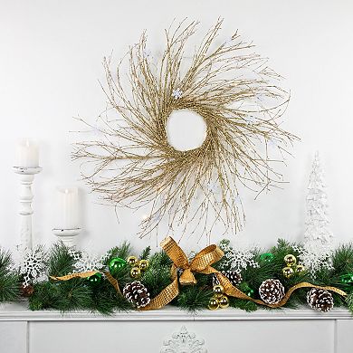 Northlight 28" Pre-lit Gold Glittered Artificial Twig Christmas Wreath with Warm White LED Lights