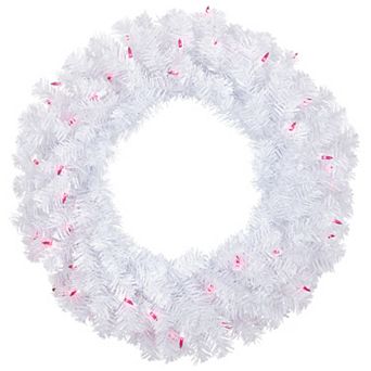 Northlight Pre-Lit Woodbury White Pine Artificial Christmas Wreath Pink Lights