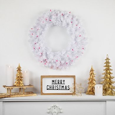 Northlight Pre-Lit Woodbury White Pine Artificial Christmas Wreath Pink Lights