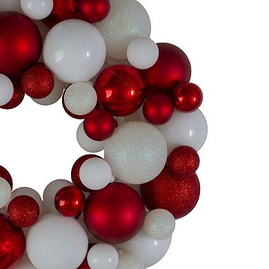 Northlight Red & White 3-Finish Shatterproof Ball Christmas Wreath