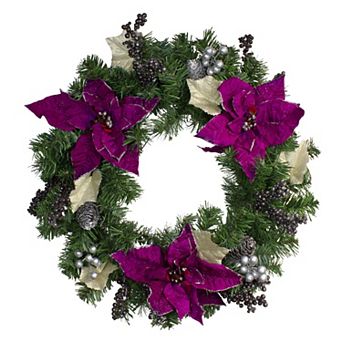 Northlight Purple Poinsettia & Silver Pine Cone Artificial Christmas Wreath