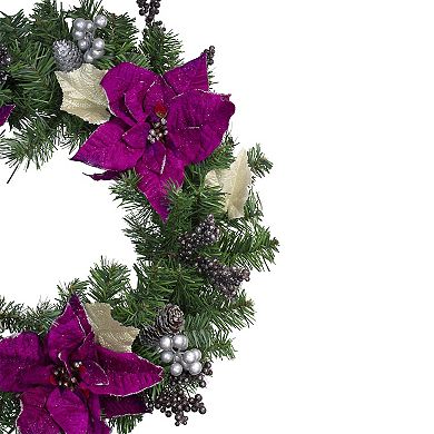 Northlight Purple Poinsettia & Silver Pine Cone Artificial Christmas Wreath