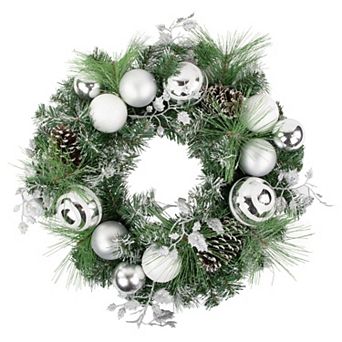Northlight Green Pine Needle Wreath with Pinecones & Christmas Ornaments