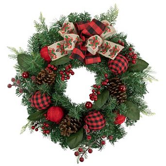 Northlight Green Pine Artificial Christmas Wreath with Bows & Plaid Ornaments