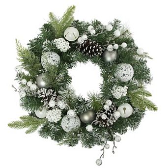 Northlight Green Pine Frosted Artificial Christmas Wreath with Laced Ornaments