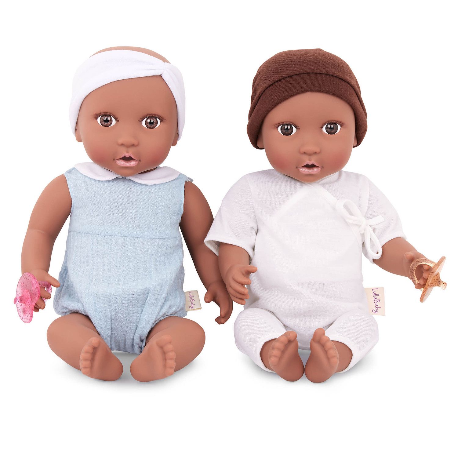 Melissa & Doug Mine to Love Twins Sebastian & Sofia 15” Medium Skin-Tone  Boy and Girl Baby Dolls with Rompers, Caps, Pacifiers