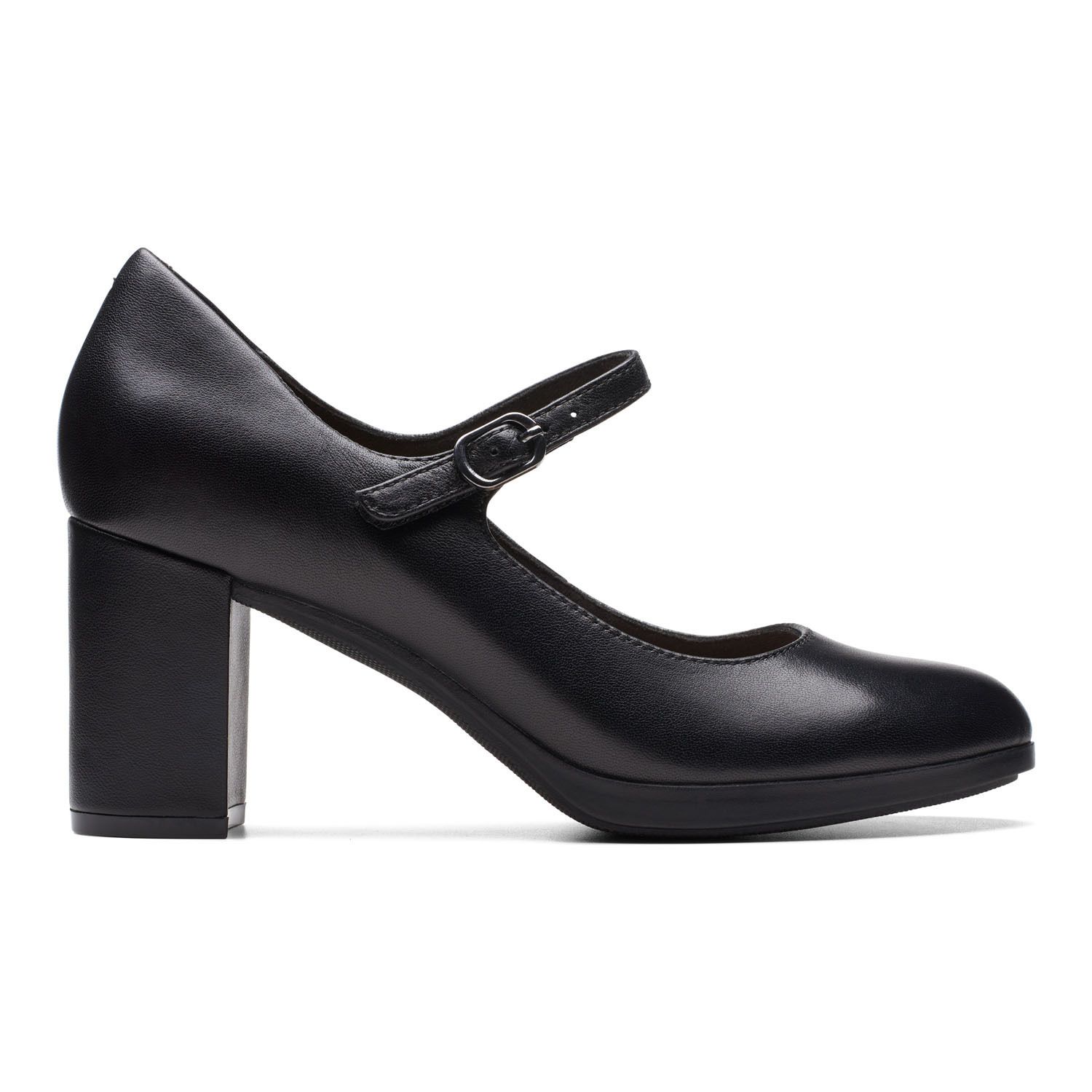 Clarks Damenschuhe Bayla Nora – Schwarzes Leder Mit Mary Jane-Design, Absatz 75mm, Größe 35.5