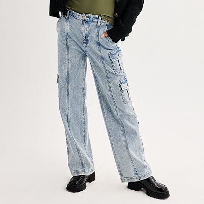 Girls Mid Rise Baggy Cargo Jeans - Straight Wide Leg Denim Pants, Hip Hop Streetwear With Button Fly