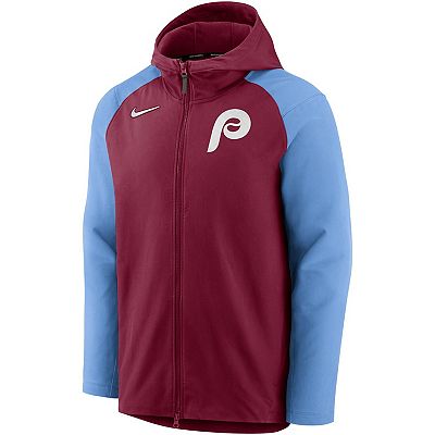 Men s Nike Burgundy Light Blue Philadelphia Phillies Authentic Collection Performance Raglan Full Zip Hoodie