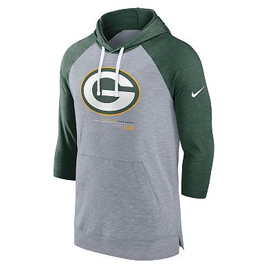 Men's Nike Heather Gray/Heather Green Green Bay Packers Raglan 3/4-Sleeve Pullover Hoodie