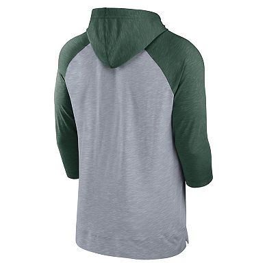 Men's Nike Heather Gray/Heather Green Green Bay Packers Raglan 3/4-Sleeve Pullover Hoodie