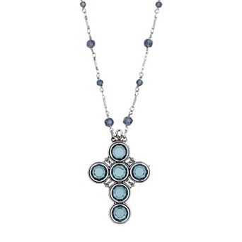 Symbols of Faith Silver Tone & Blue Crystal Cross Necklace