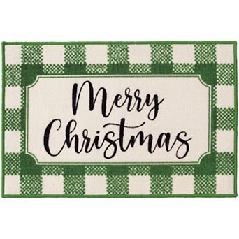 Loomaknoti Merry Christmas Green & White Checked Accent Rug 20" x 30"