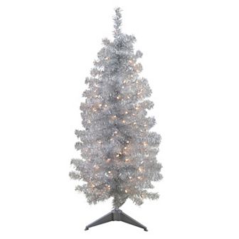 Northlight 4-ft. x 22 in Pre-Lit Slim Silver Artificial Tinsel Christmas Tree - Clear Lights
