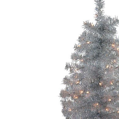 Northlight 4-ft. x 22-in. Pre-Lit Slim Silver Artificial Tinsel Christmas Tree - Clear Lights
