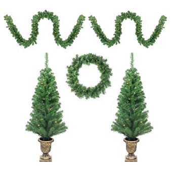 Northlight 5 pc Pre-Lit Clear Lights Artificial Winter Spruce Christmas Trees, Wreath and Garland Set
