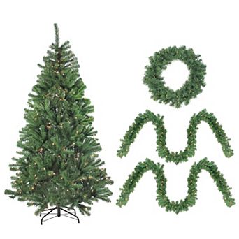 Northlight 4 pc Pre-Lit Clear Lights Artificial Winter Spruce Christmas Tree, Wreath and Garland Set