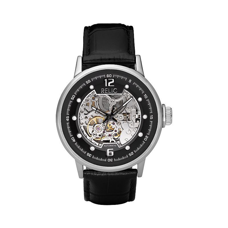 Relic by Fossil Men's Leather Automatic Skeleton Watch, Size: Large, Color