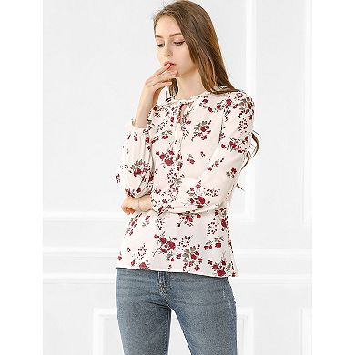 Women's Long Sleeve Crew Neck Ruffle Neckline Self Tie Floral Blouse
