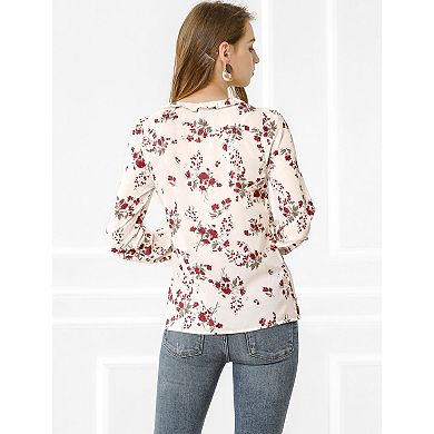 Women's Long Sleeve Crew Neck Ruffle Neckline Self Tie Floral Blouse