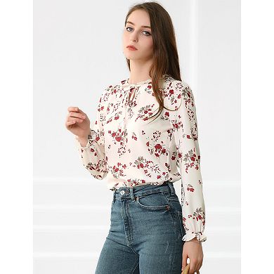 Women's Long Sleeve Crew Neck Ruffle Neckline Self Tie Floral Blouse