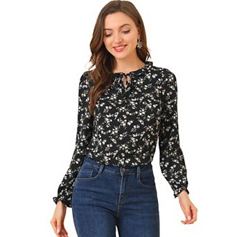 Women's Long Sleeve Crew Neck Ruffle Neckline Self Tie Floral Blouse