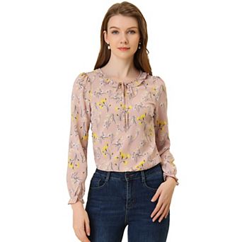 Women's Long Sleeve Crew Neck Ruffle Neckline Self Tie Floral Blouse