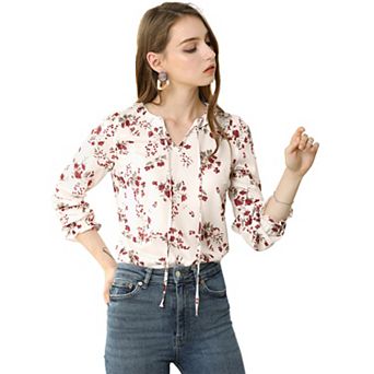 Women's Long Sleeve Crew Neck Ruffle Neckline Self Tie Floral Blouse