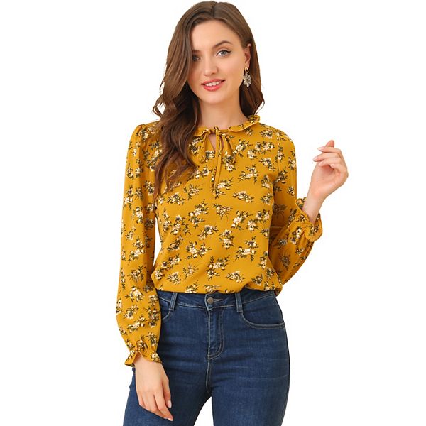 Women's Long Sleeve Crew Neck Ruffle Neckline Self Tie Floral Blouse