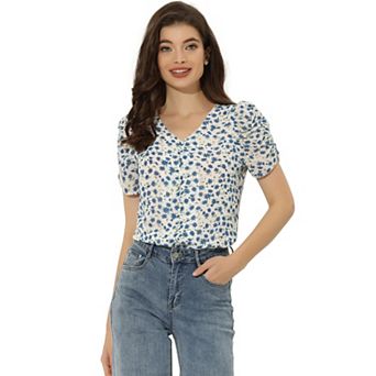 Women's Floral Blouse V Neck Relax Short Sleeve Tops