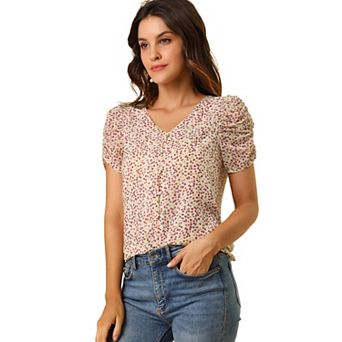 Women's Floral Blouse V Neck Relax Short Sleeve Tops