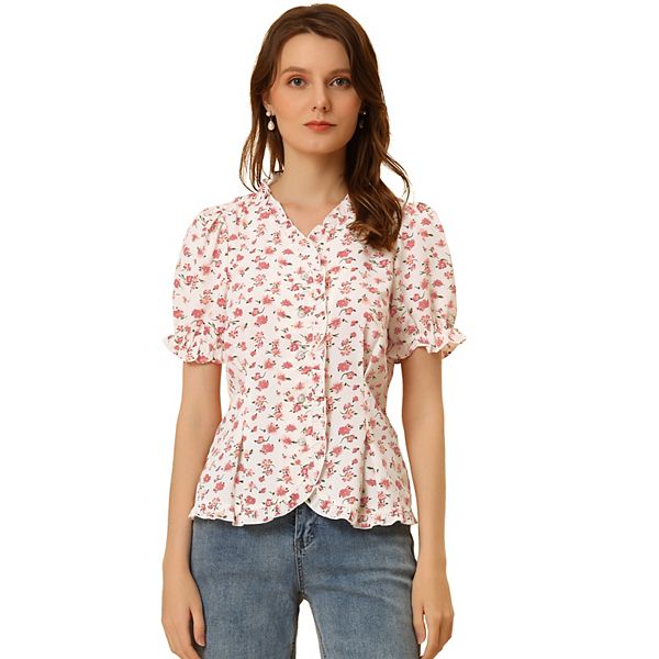 Women's Summer Floral Print Shirt Button Down V Neck Ruffle Trim Puffy