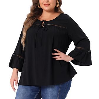 Plus Size Tops for Women Tie Neck Lace Insert 3/4 Flare Sleeve Blouses