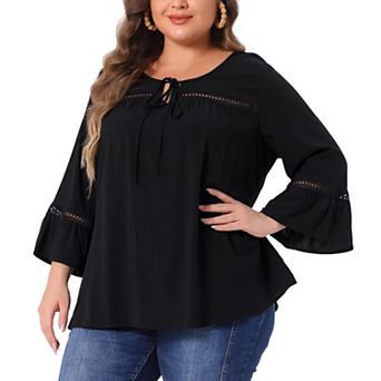 Plus Size Tops for Women Tie Neck Lace Insert 3/4 Flare Sleeve Blouses