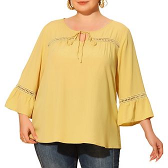 Plus Size Tops for Women Tie Neck Lace Insert 3/4 Flare Sleeve Blouses