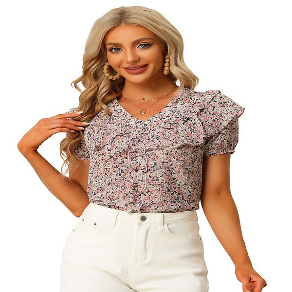 Ruffle Tops for Women's V Neck Short Sleeve Casual Button Down Floral ...