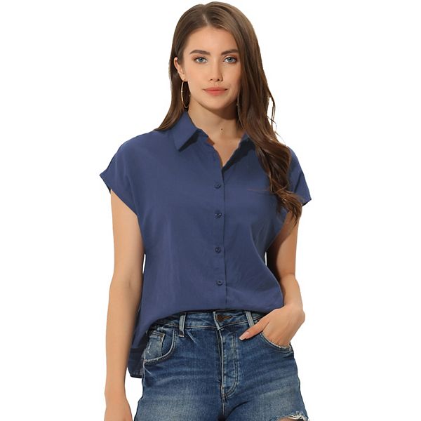 Summer Button Up Shirt For Women's Cotton Cap Sleeve Everyday Casual