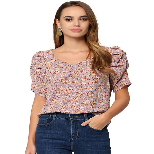 Women's Sweetheart Neck Short Sleeve Summer Floral Blouse