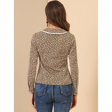 Women's Vintage Long Sleeve Peasant Tops V Neck Blouse