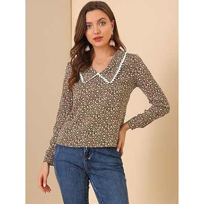 Women's Vintage Long Sleeve Peasant Tops V Neck Blouse
