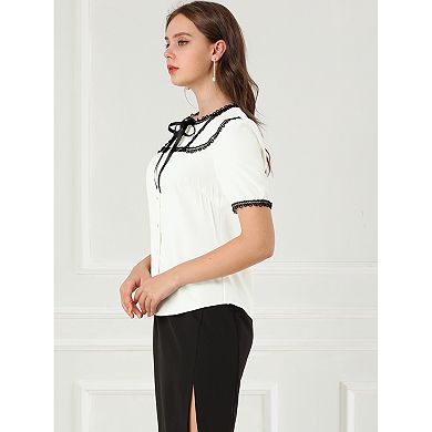 Women's Short Sleeve Button Front Lace Panel Bow Tie Collar Blouse