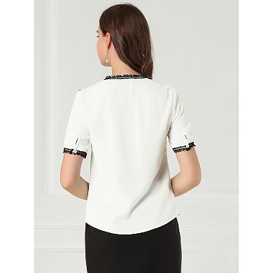 Women's Short Sleeve Button Front Lace Panel Bow Tie Collar Blouse