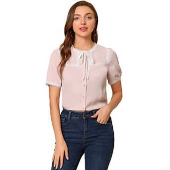Women's Short Sleeve Button Front Lace Panel Bow Tie Collar Blouse