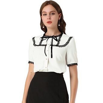Women's Short Sleeve Button Front Lace Panel Bow Tie Collar Blouse