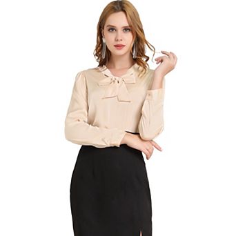 Women's Satin Long Sleeve Blouse Tie Neck Work Office Blouse
