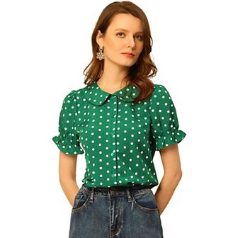Women's Polka Dots Doll Collar Puffy Short Sleeve Shirt Top