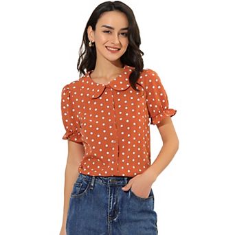 Women's Polka Dots Doll Collar Puffy Short Sleeve Shirt Top