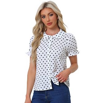 Women's Polka Dots Doll Collar Puffy Short Sleeve Shirt Top