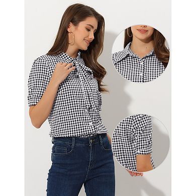 Women's Gingham Plaid Point Collar Bow Tie Neck Shirt Top